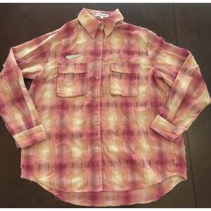 Somesowe pink plaid long-sleeve button-down flannel shirt fringe Small